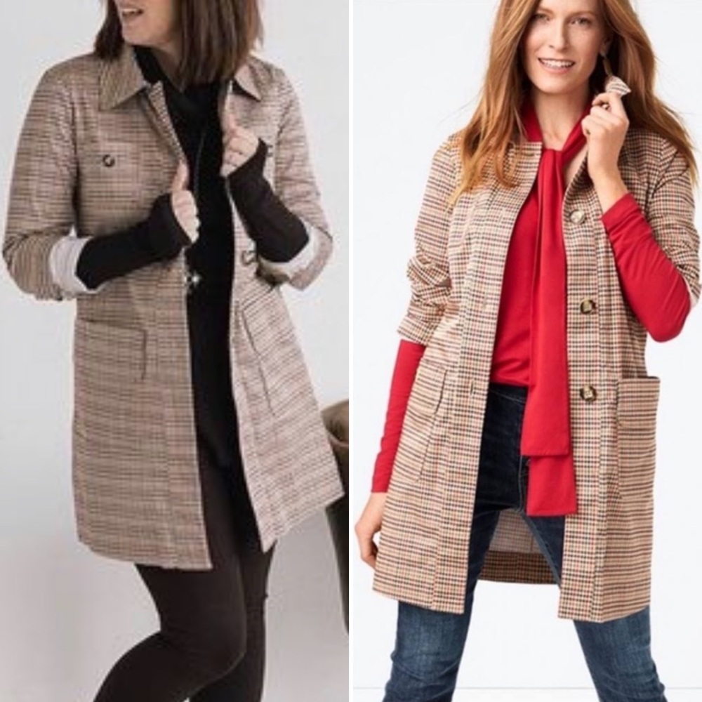 CAbi Medium Beige Houndstooth Pink Plaid Button Cotton Coat Sherlock Jacket 3734